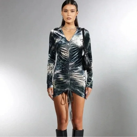 MOTEL x IRIS Aviva Y2k Mini Dress Velvet Ruched Abstract Camo medium 1290 - Picture 1 of 10